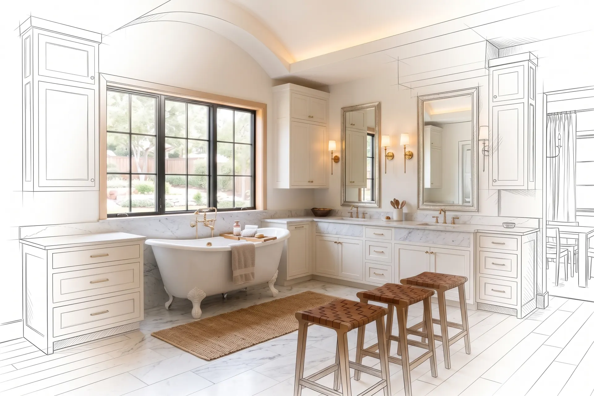 A primary bathroom with a soaking tub, drawn in pencil at the edges and finished in the middle (concept rendering)