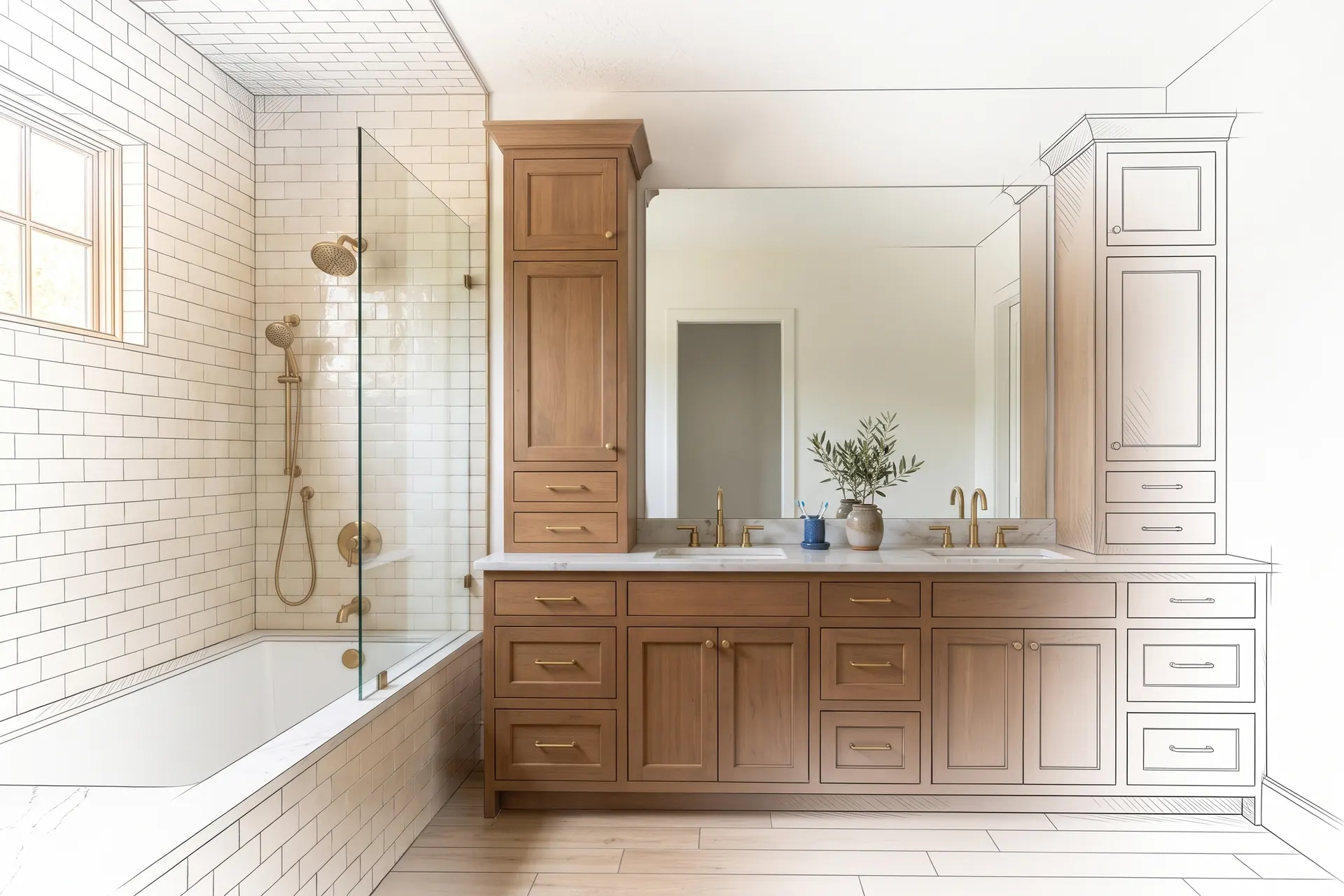 A family bathroom with handmade tile, drawn in pencil at the edges and finished in the middle (concept rendering)