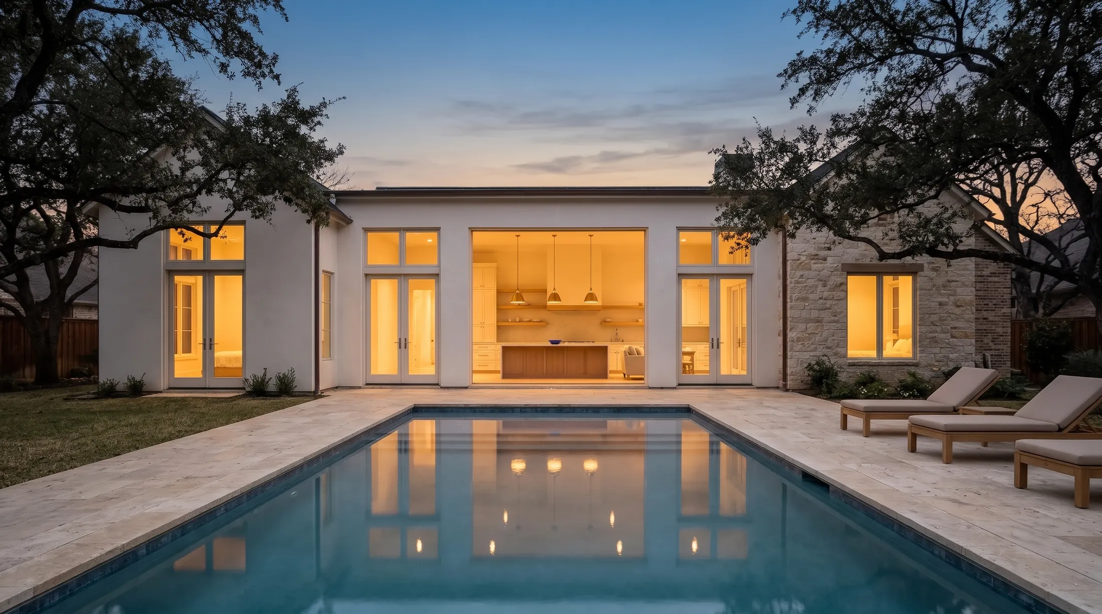A renovated Texas home glowing at dusk behind a backyard pool (concept rendering)