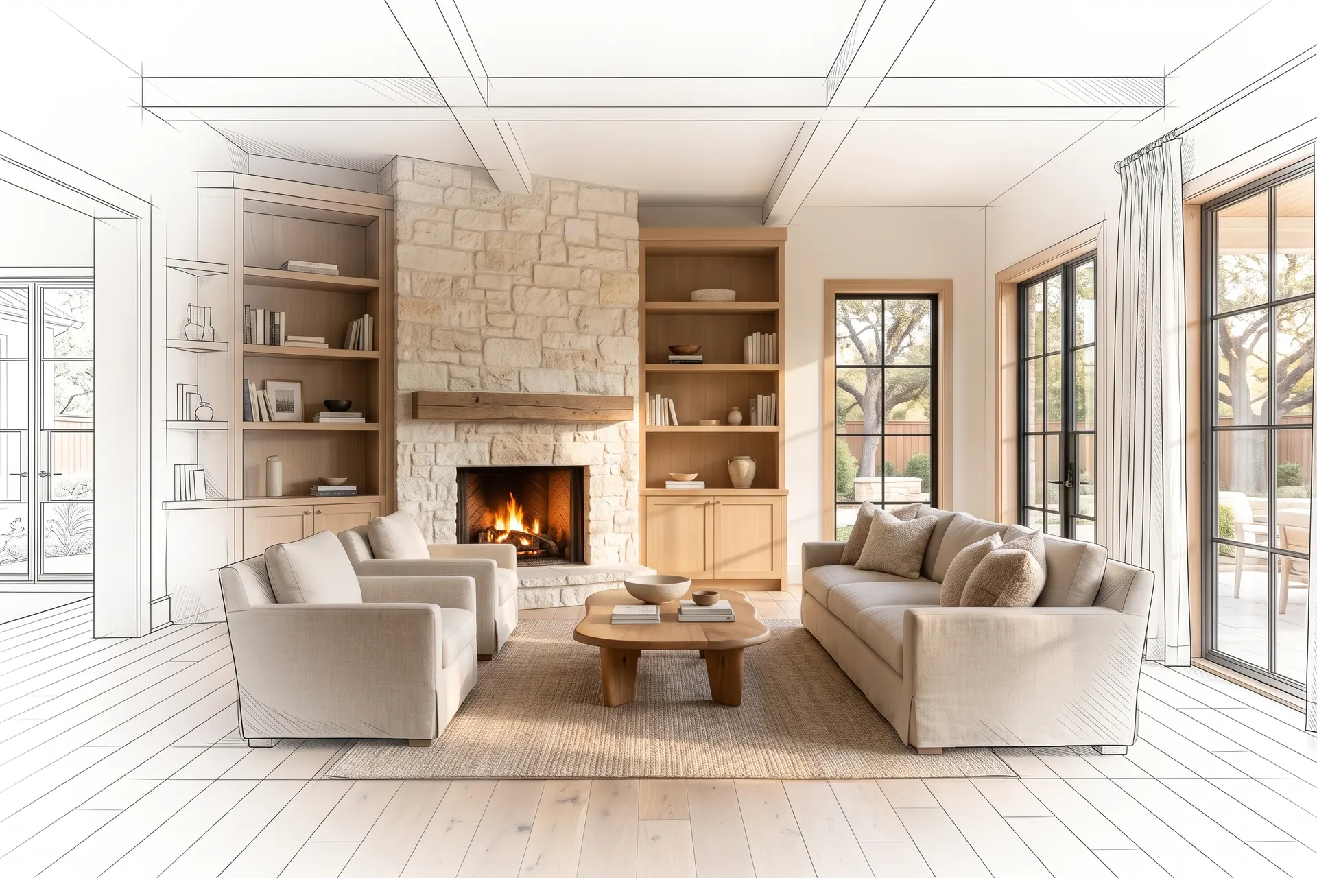 A living room with built-in shelves, drawn in pencil at the edges and finished in the middle (concept rendering)