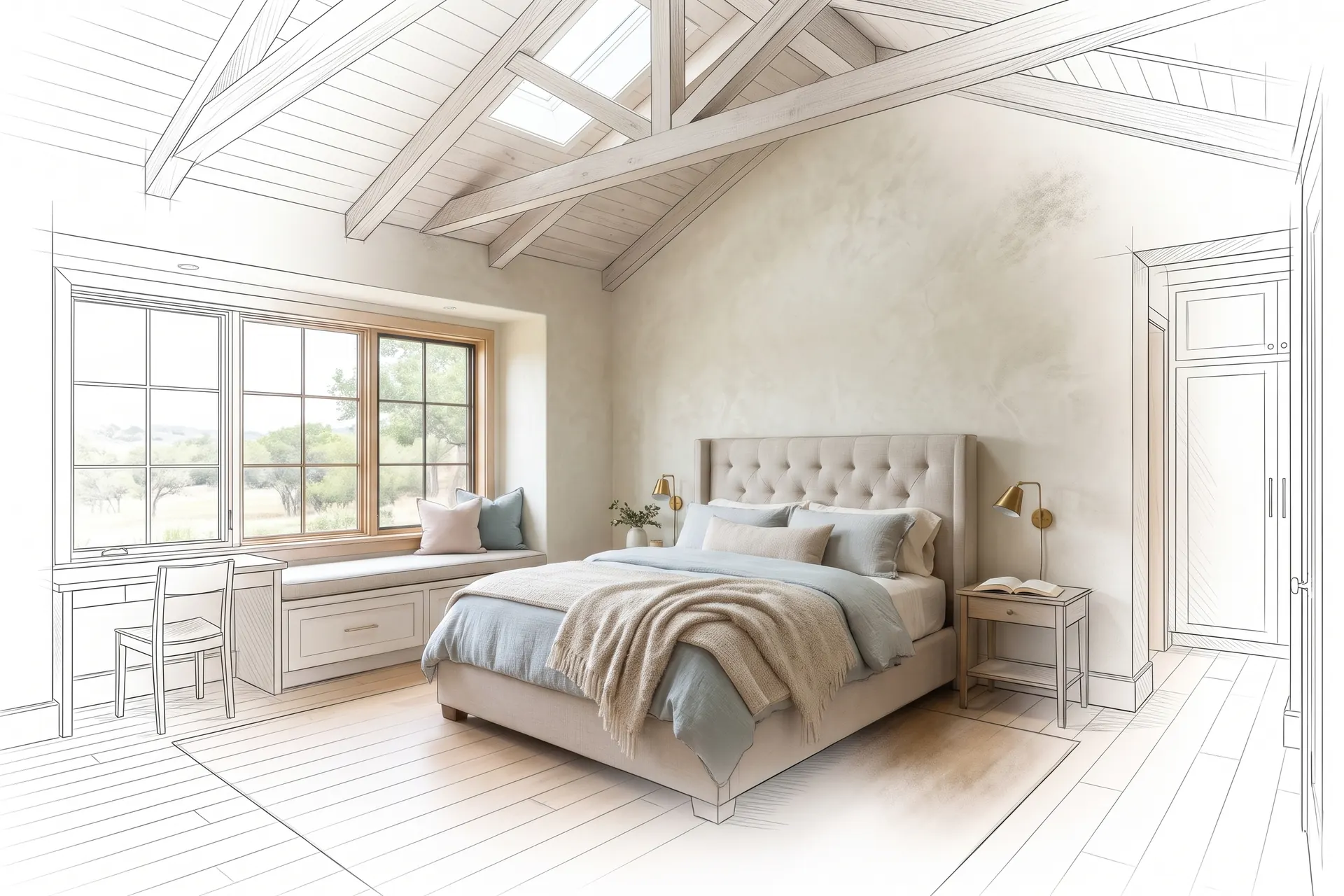 A primary bedroom with a vaulted ceiling, drawn in pencil at the edges and finished in the middle (concept rendering)