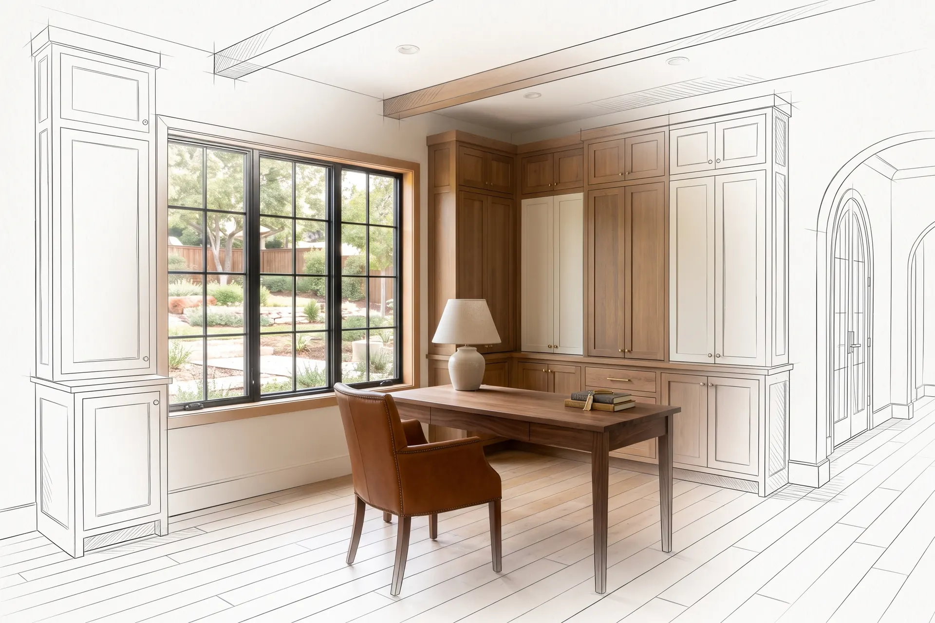 A home office with built-in cabinetry, drawn in pencil at the edges and finished in the middle (concept rendering)