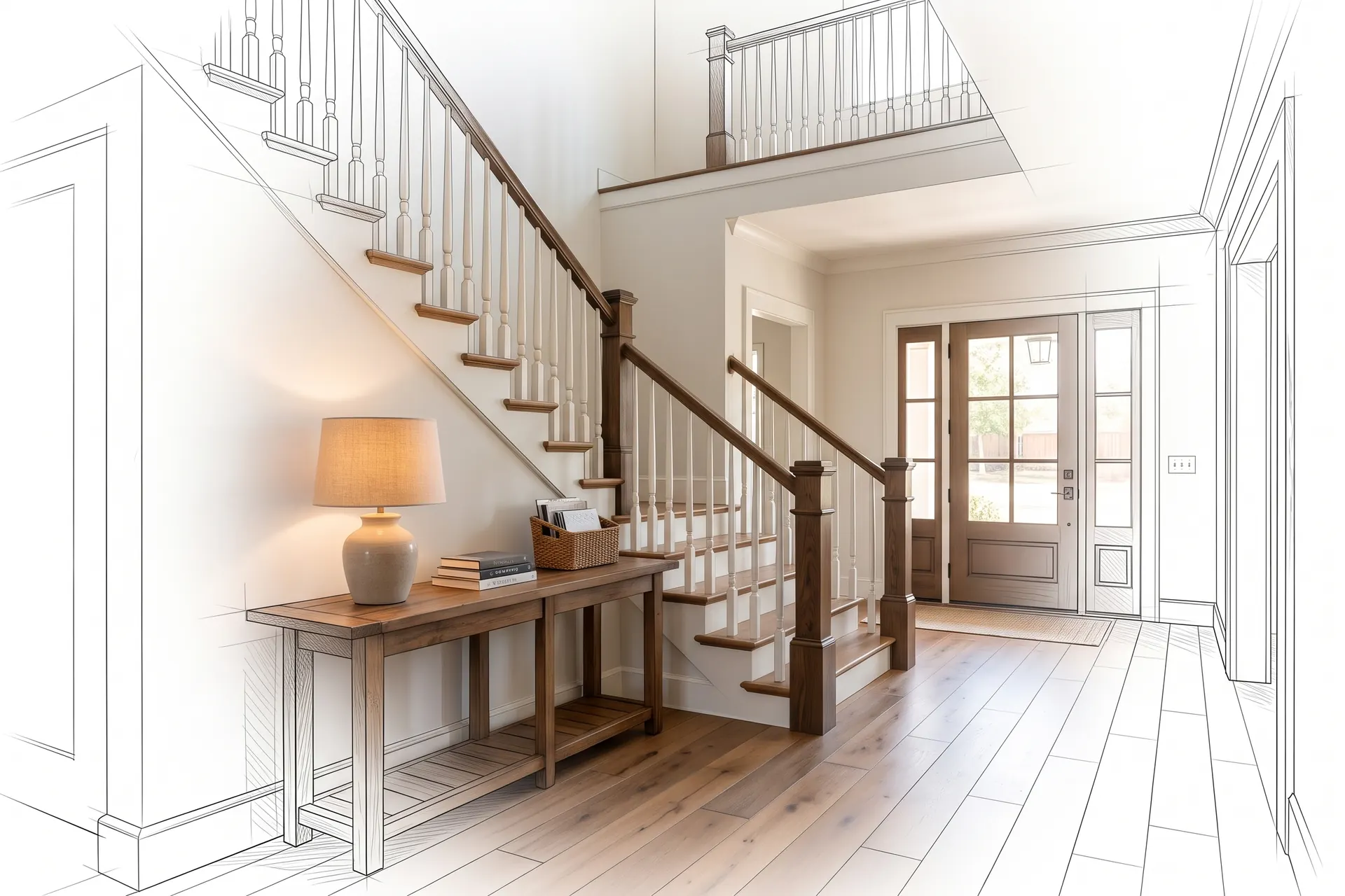 An entry hall with a wide staircase, drawn in pencil at the edges and finished in the middle (concept rendering)