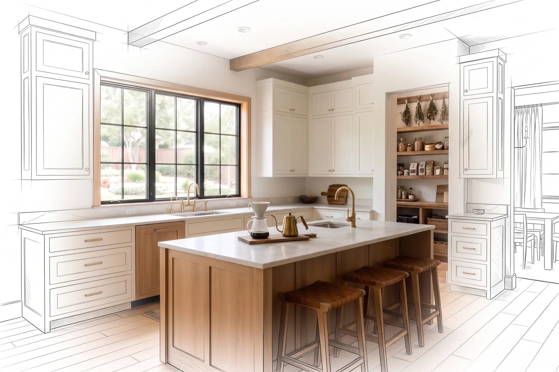 A two-tone kitchen with a coffee station, drawn in pencil at the edges and finished in the middle (concept rendering)
