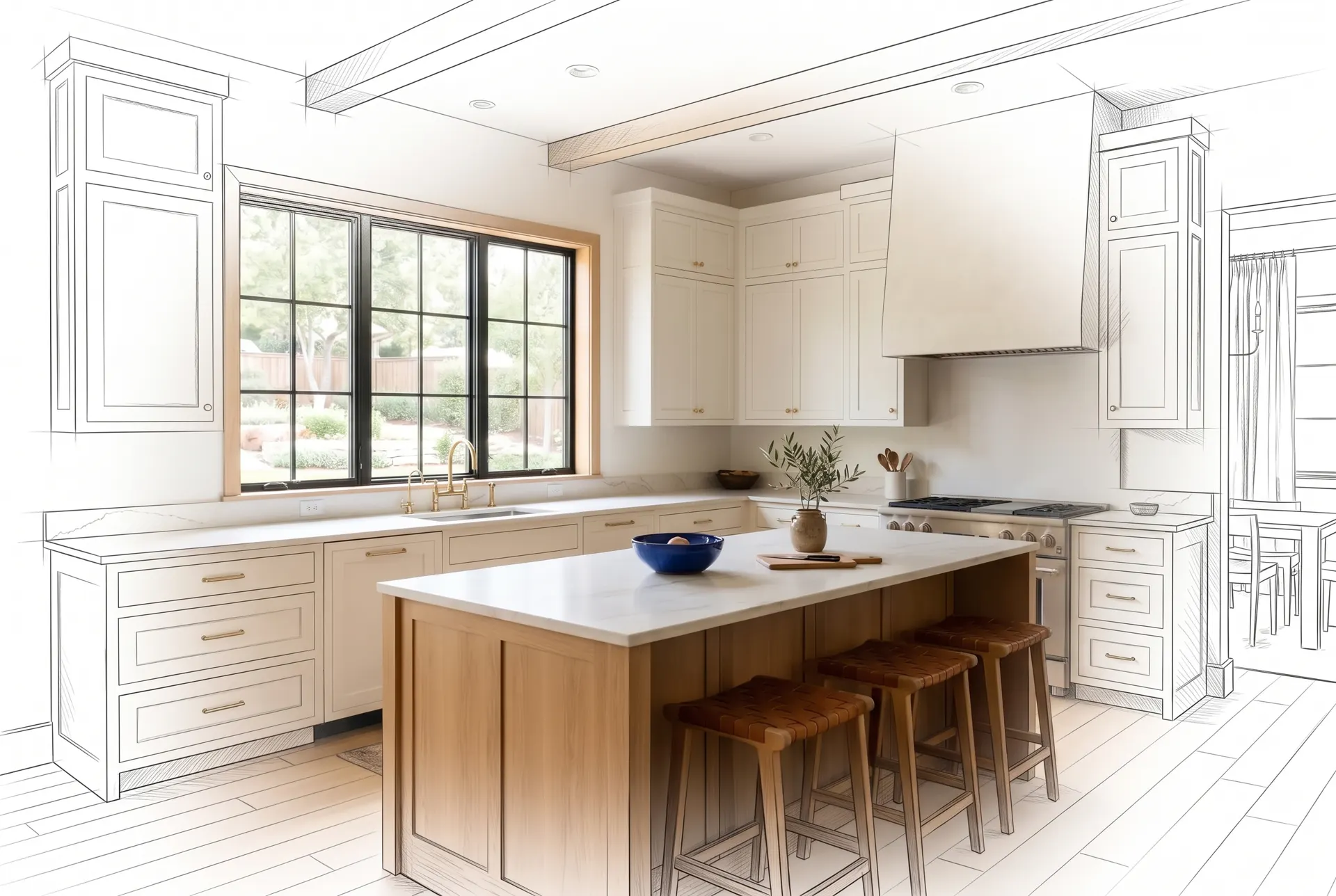 A kitchen with an oak island and a farmhouse window, drawn in pencil at the edges and finished in the middle (concept rendering)
