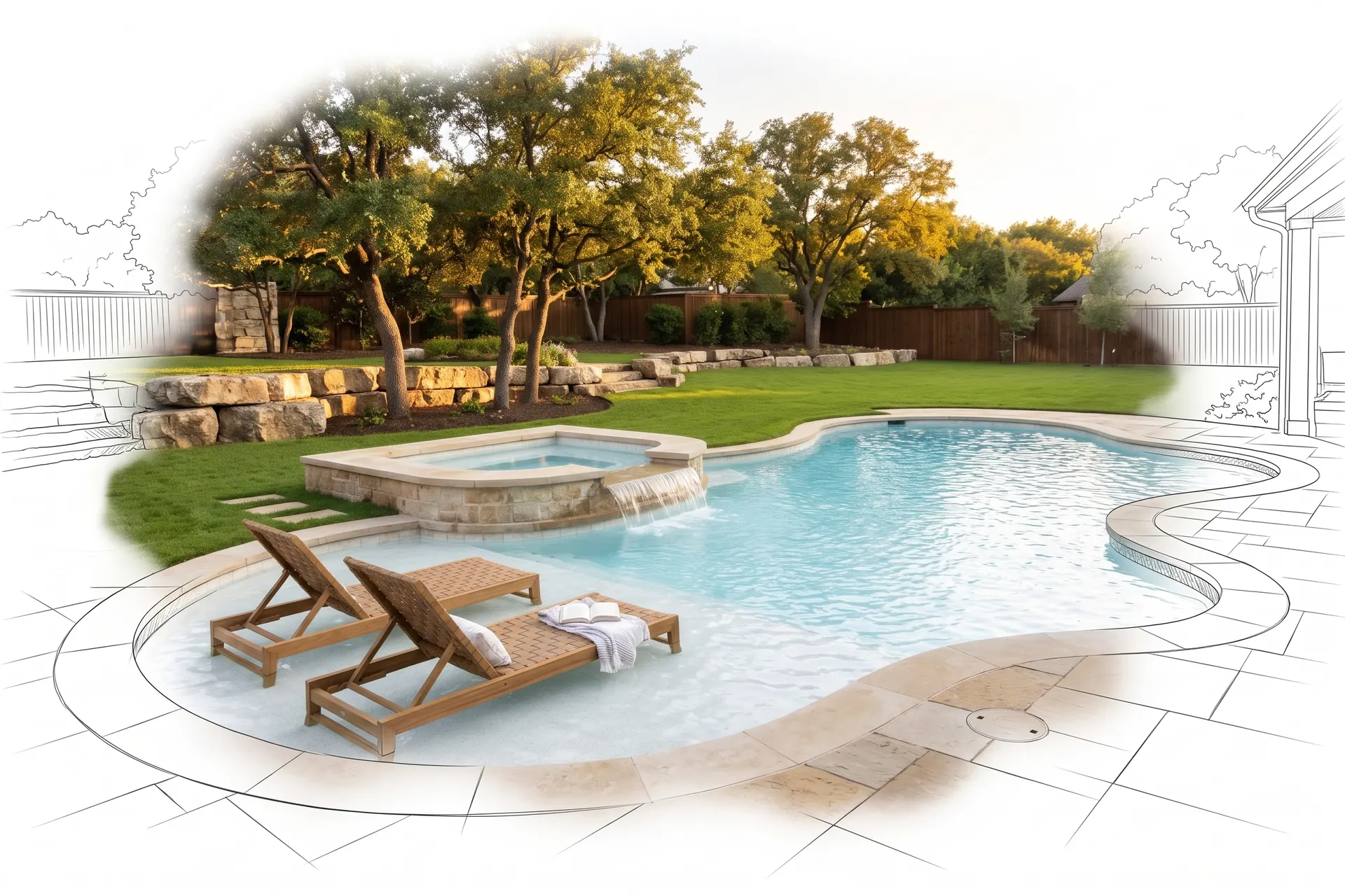 A backyard pool with a sun shelf and spa, drawn in pencil at the edges and finished in the middle (concept rendering)