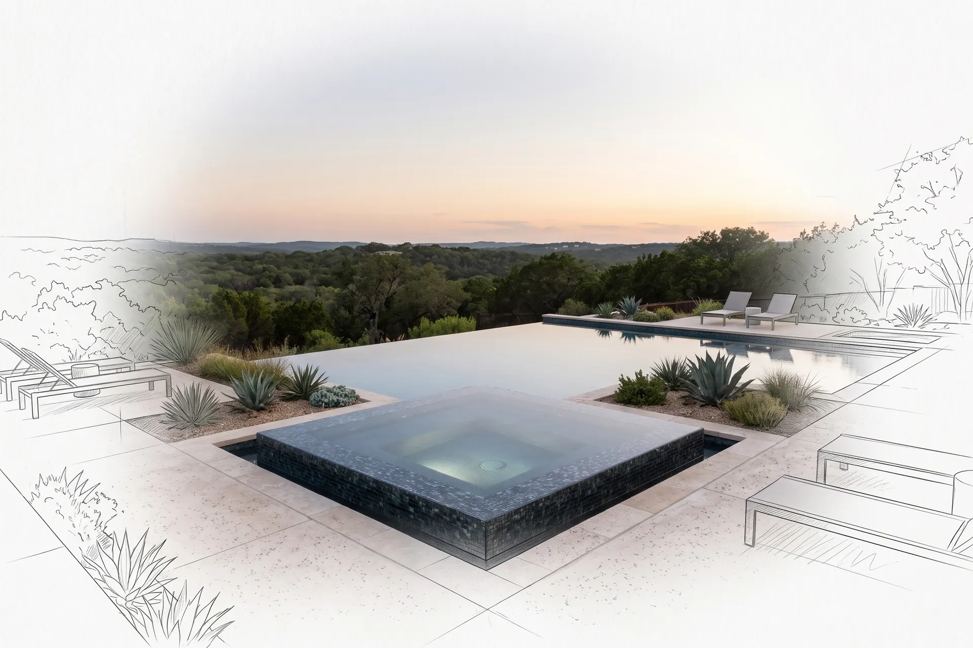 A modern glass-tile pool at dusk, drawn in pencil at the edges and finished in the middle (concept rendering)