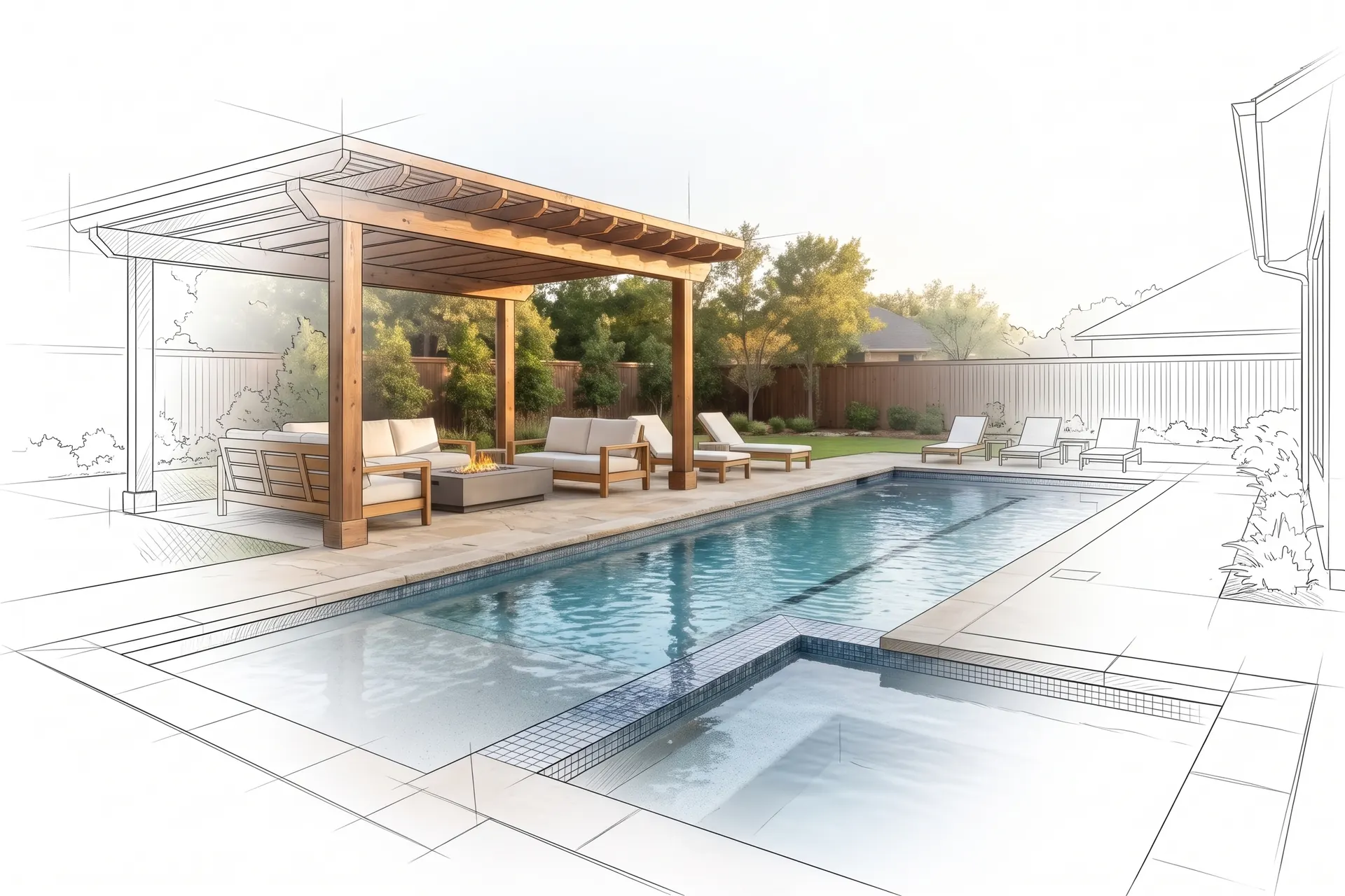 A lap pool with a spa and pergola, drawn in pencil at the edges and finished in the middle (concept rendering)