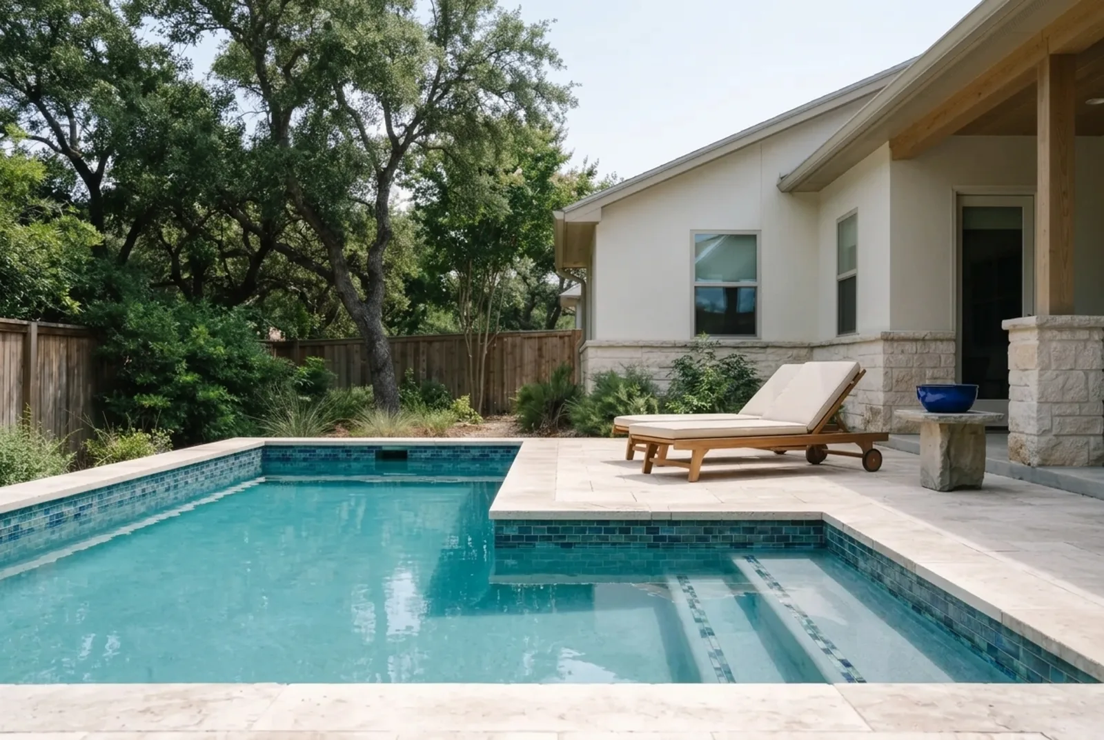 The same pool after the renovation: new glass tile and travertine coping (concept rendering)