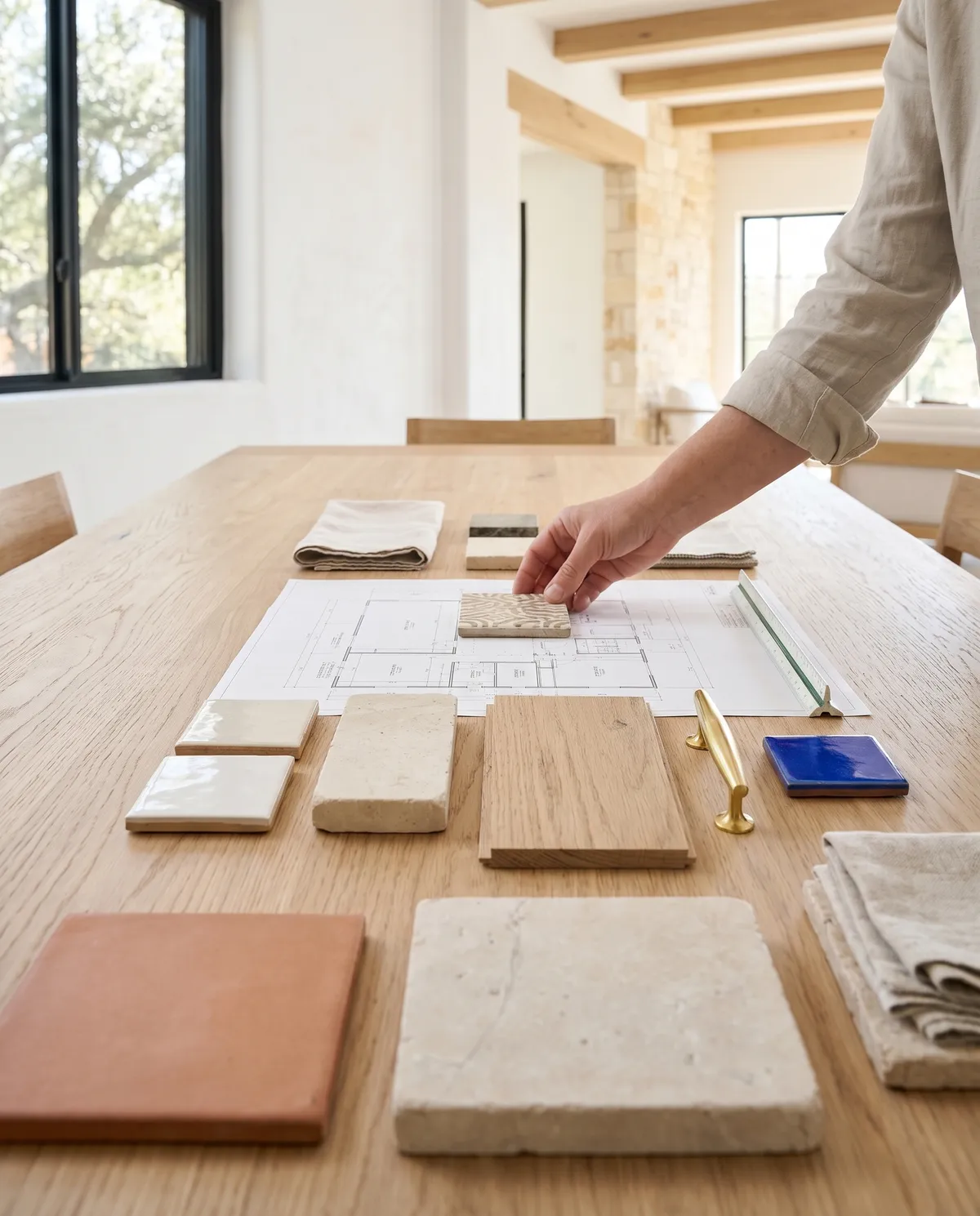 Tile, wood and stone samples laid out on a floor plan (concept rendering)