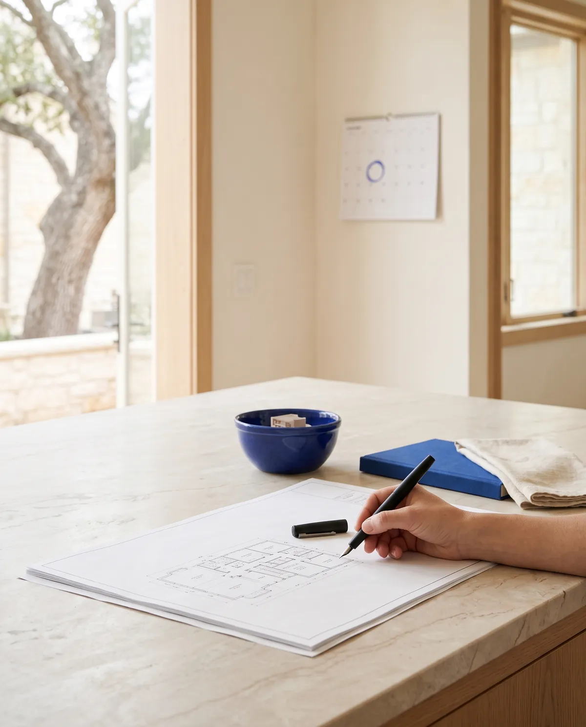 A hand about to sign the plan, with a calendar date circled behind (concept rendering)