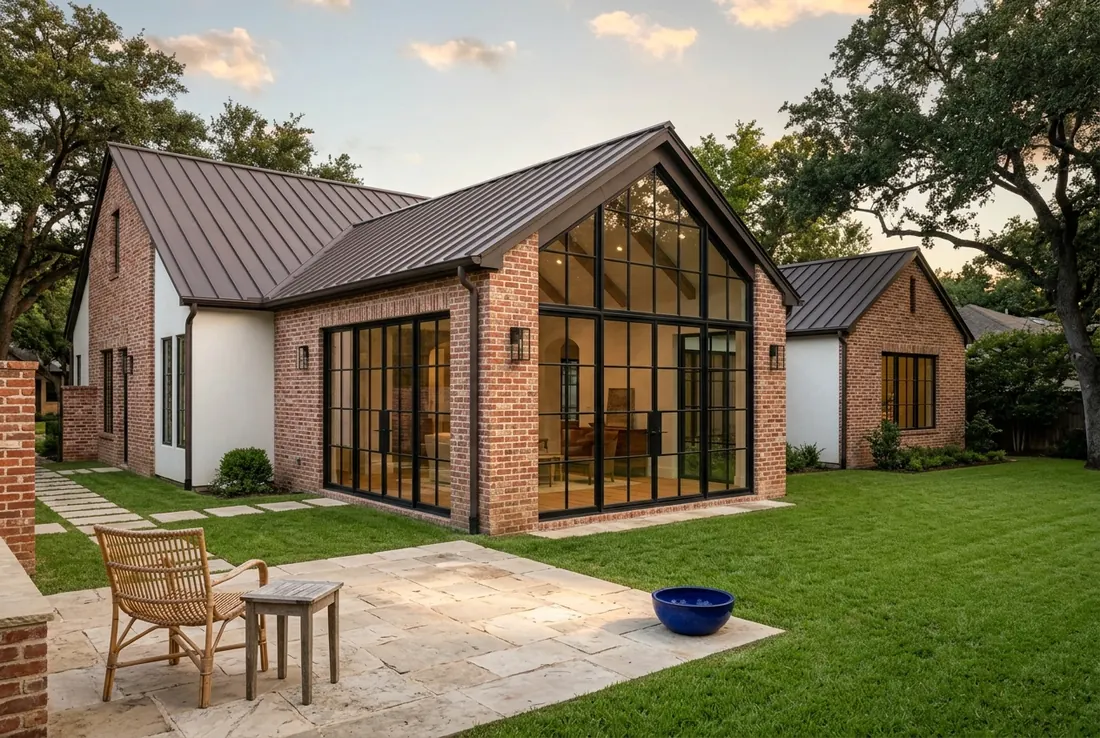 A brick home with a new glass-walled addition (concept rendering)