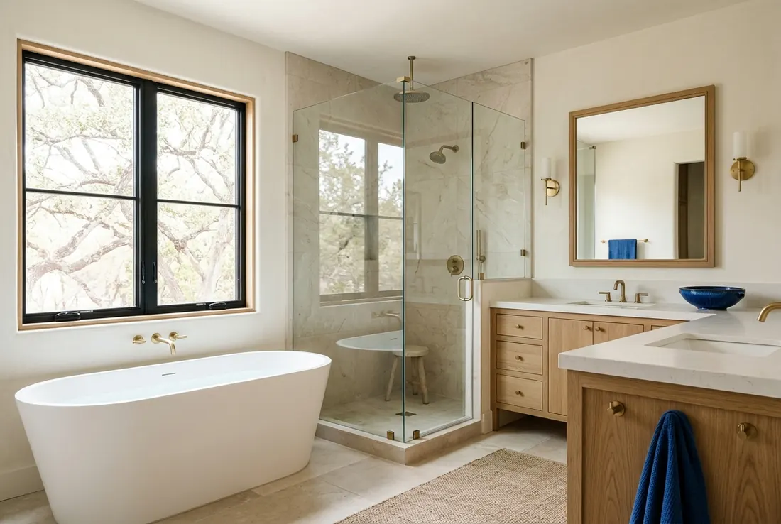 A primary bathroom with a freestanding tub and glass shower (concept rendering)