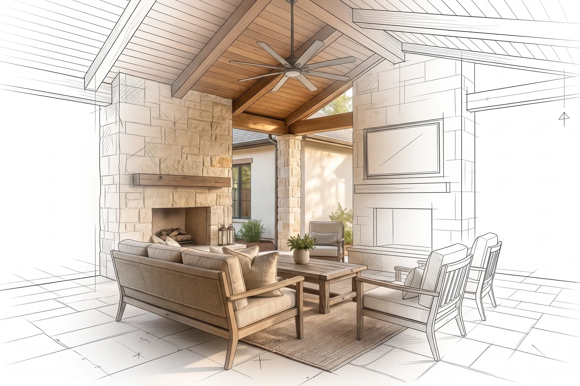 An outdoor living room under a cedar cover, drawn in pencil at the edges and finished in the middle (concept rendering)