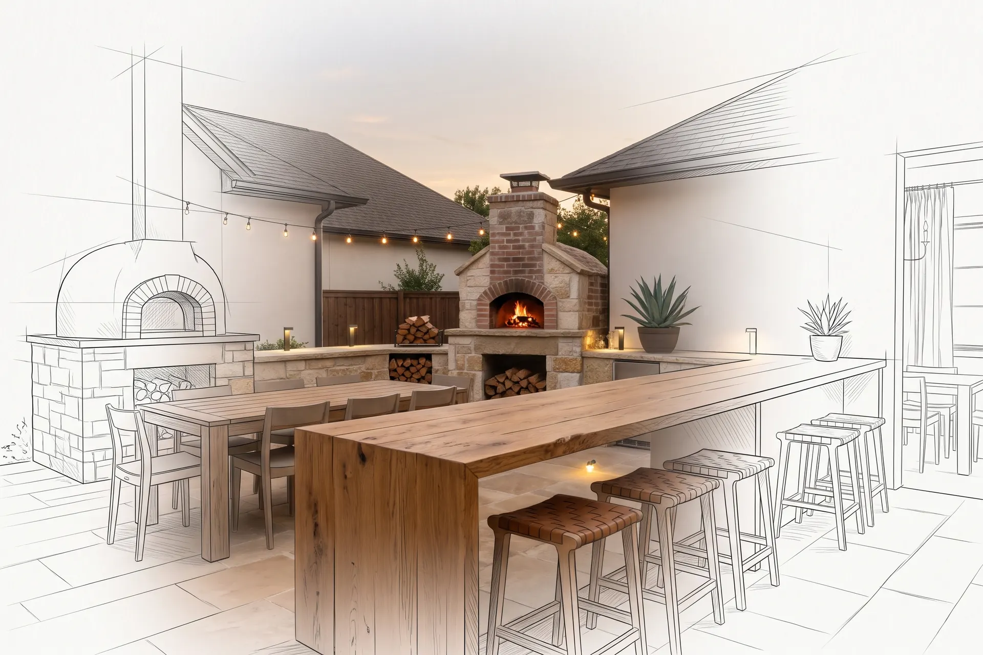 A courtyard with a pizza oven and bar, drawn in pencil at the edges and finished in the middle (concept rendering)